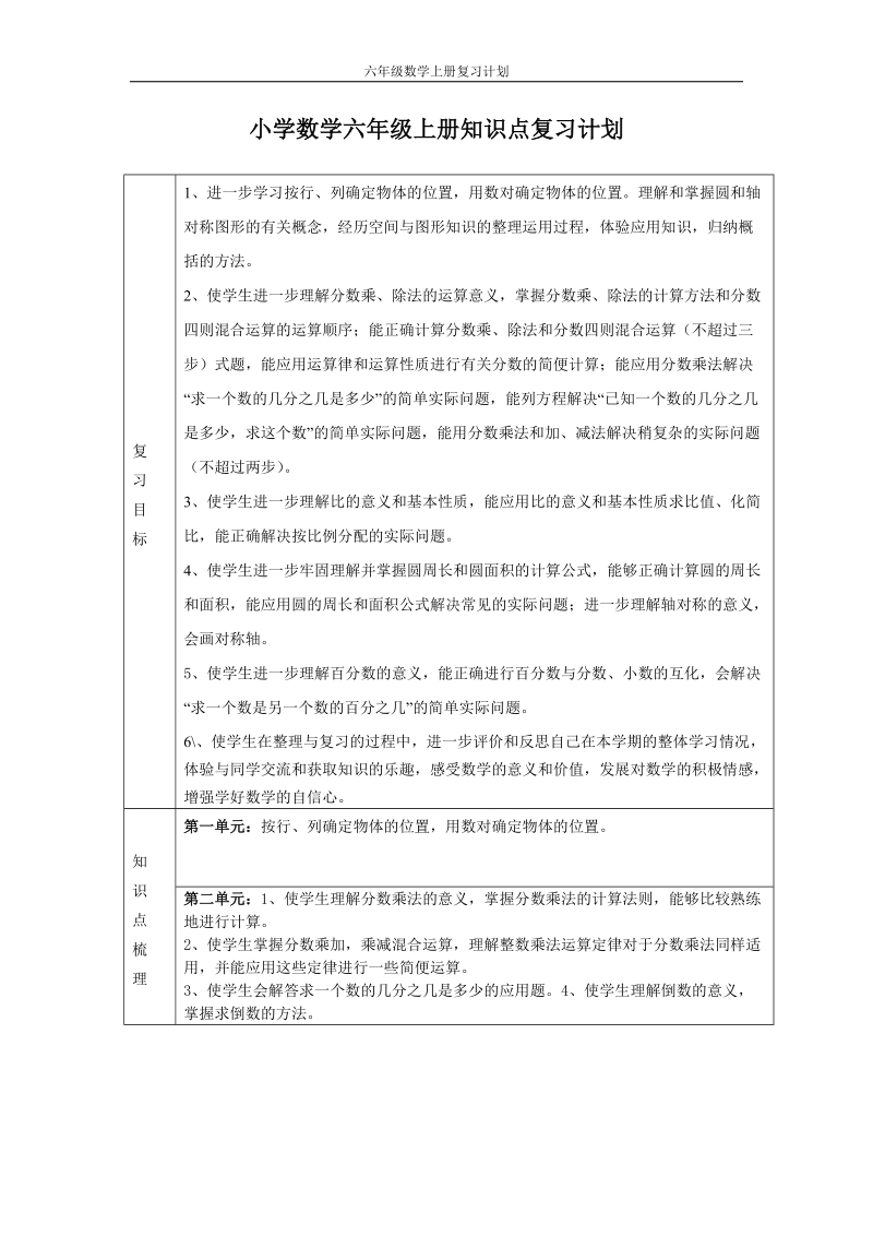 六年级数学上册复习计划.doc_第1页