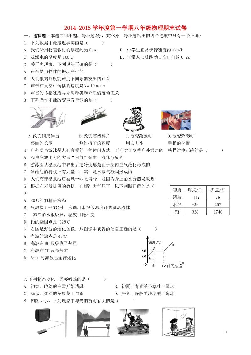 无锡市新区2014-2015学年八年级物理上学期期末考试试题 苏科版.doc_第1页