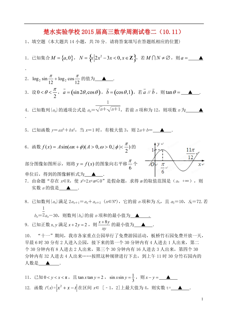 楚水实验学校2015届高三数学周测试卷二.doc_第1页