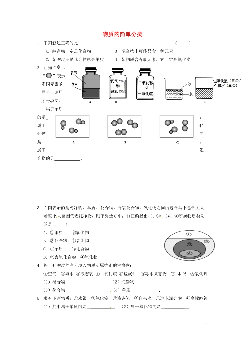 凌海市石山初级中学九年级化学上册 专题突破训练 物质的简单分类（无答案） 新人教版.doc_第1页