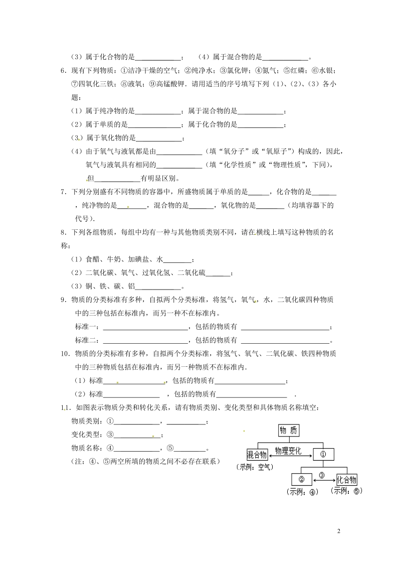 凌海市石山初级中学九年级化学上册 专题突破训练 物质的简单分类（无答案） 新人教版.doc_第2页