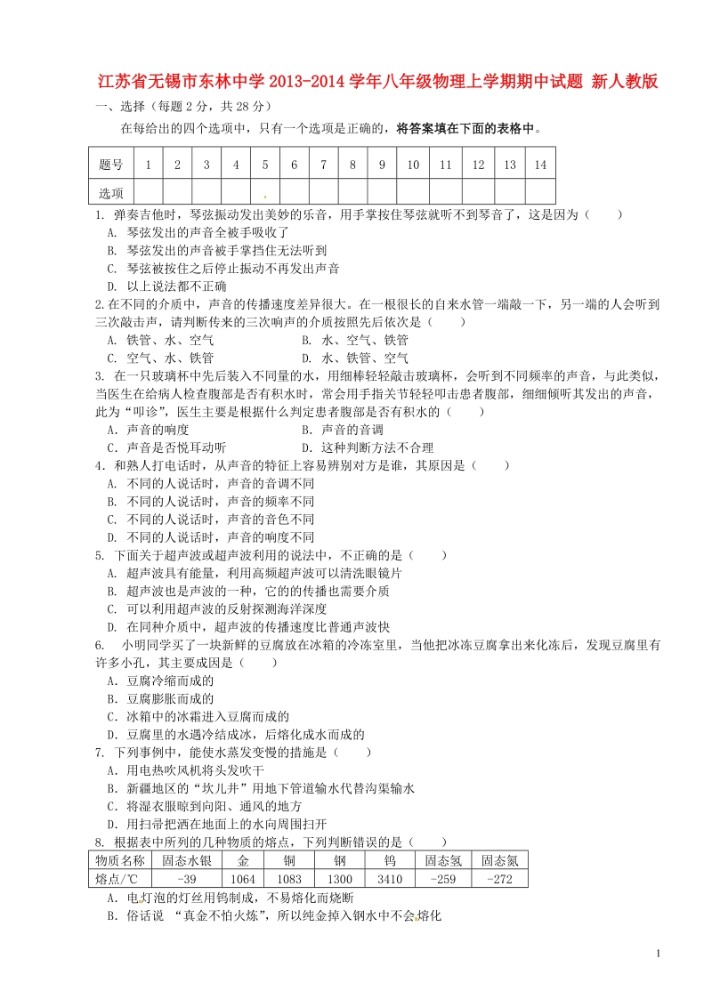 无锡市东林中学2013-2014学年八年级物理上学期期中试题 新人教版.doc_第1页