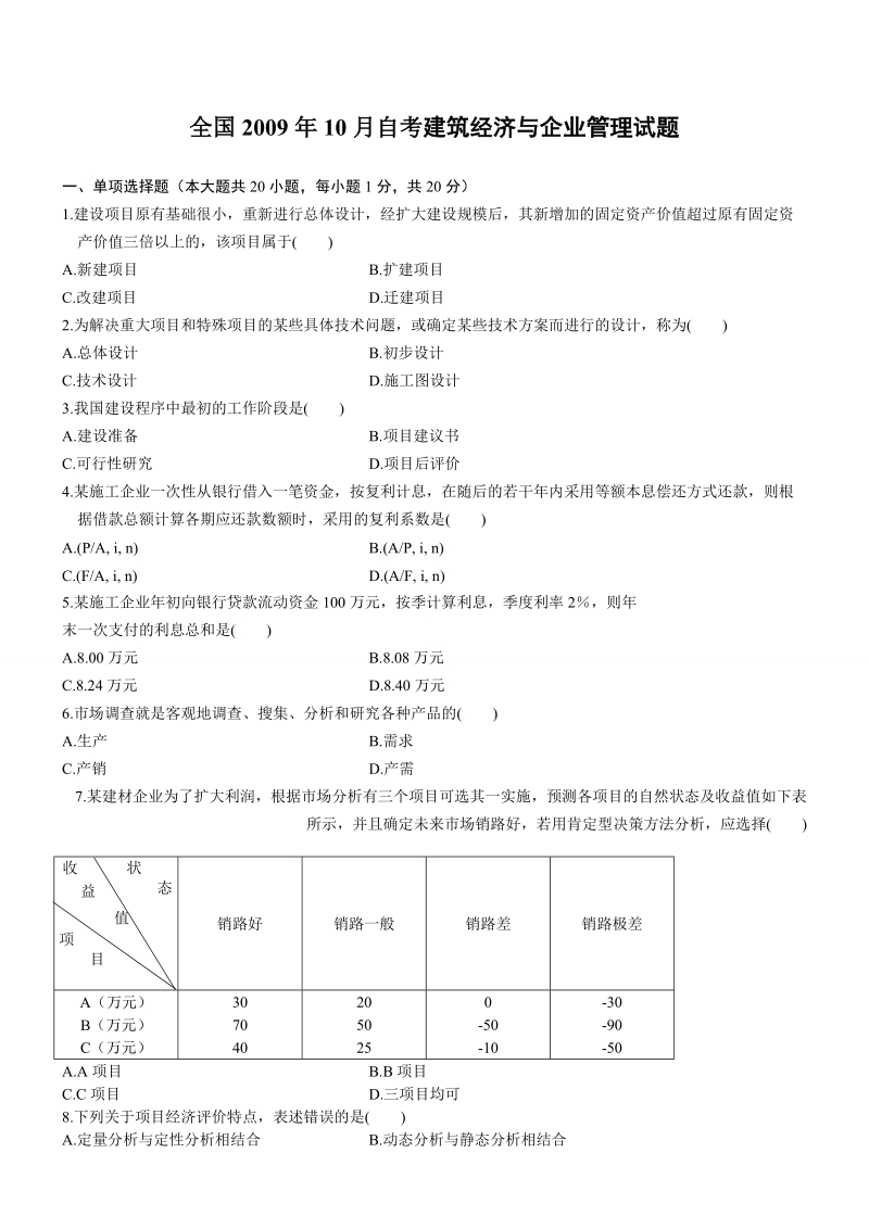 全国自考建筑经济与企业管理历年真题.doc_第1页