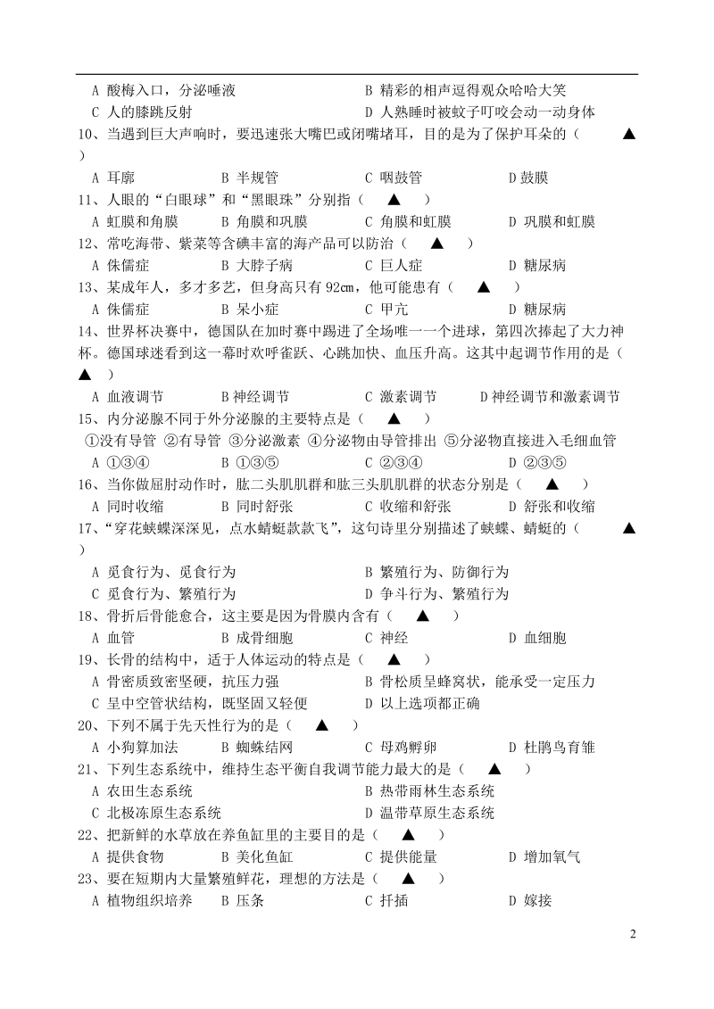 无锡市东林中学2014-2015学年八年级生物上学期期末考试试题 新人教版.doc_第2页