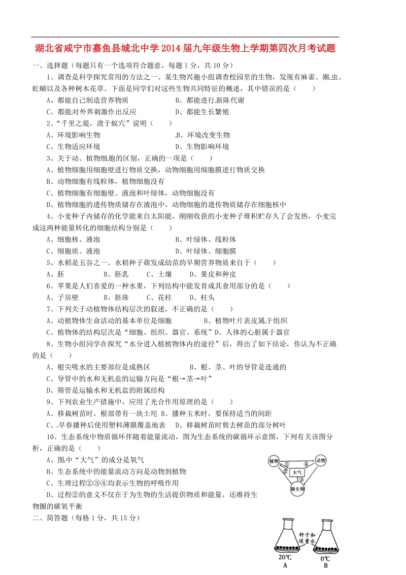 咸宁市嘉鱼县城北中学2014届九年级生物上学期第四次月考试题.doc_第1页