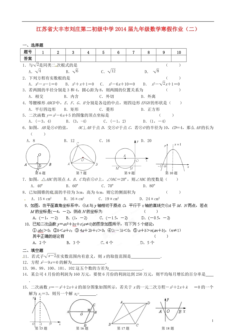 江苏省大丰市刘庄第二初级中学2014届九年级数学寒假作业（二）（无答案）.doc_第1页