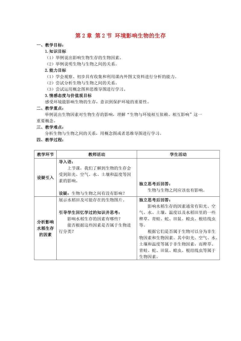 宜兴市培源中学七年级生物上册 第2单元 第2章 第2节 环境影响生物的生存教案 苏教版.doc_第1页