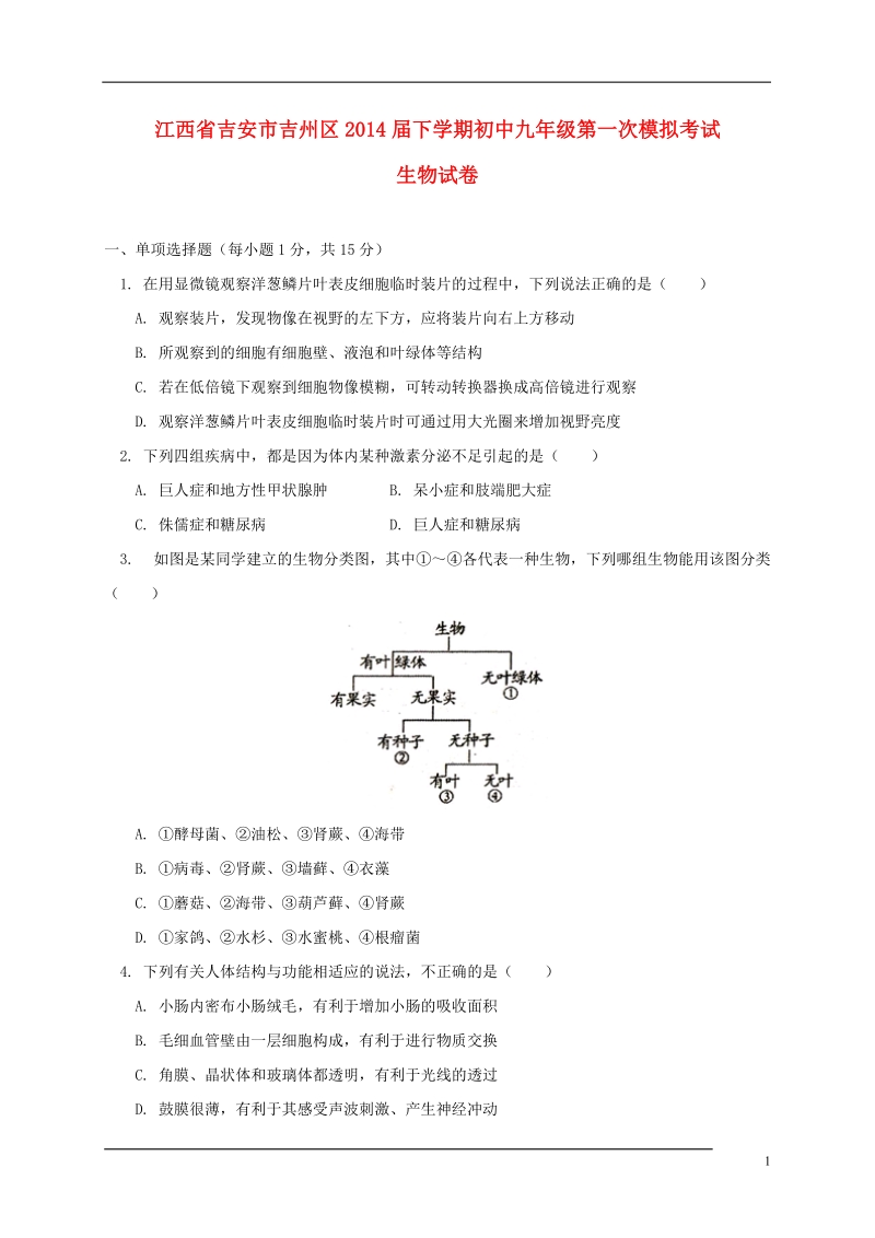 吉安市吉州区2014届九年级生物下学期第一次模拟考试试题.doc_第1页