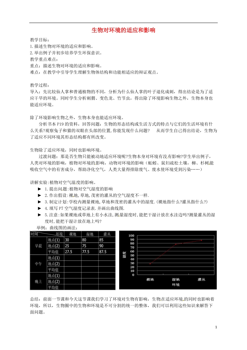 凌海市石山初级中学七年级生物上册 第一单元 2.3 生物对环境的适应和影响教案1 新人教版.doc_第1页