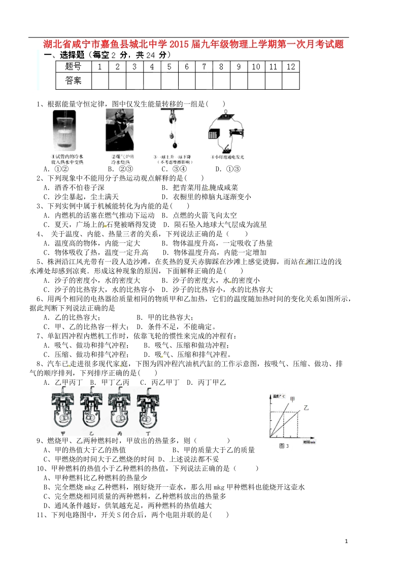 咸宁市嘉鱼县城北中学2015届九年级物理上学期第一次月考试题（无答案）.doc_第1页