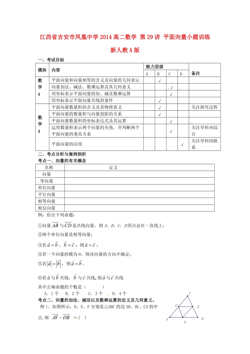 吉安市凤凰中学2014高二数学 第29讲 平面向量小题训练 新人教a版.doc_第1页