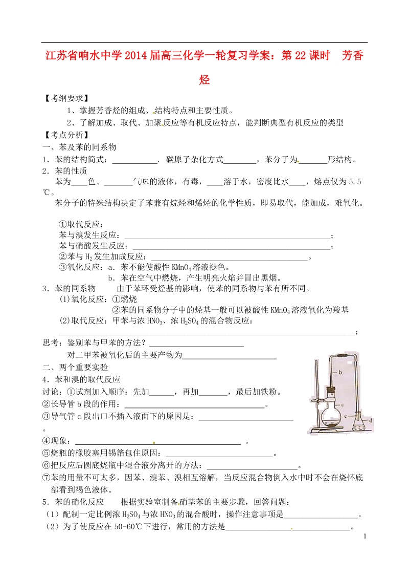 响水中学2014届高三化学一轮复习 第22课时 芳香烃学案.doc_第1页