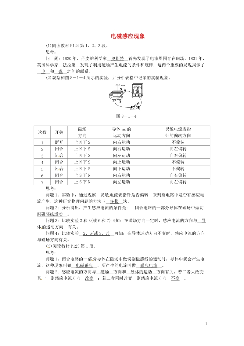 信丰县西牛中学九年级物理上册 8.1 电磁感应现象练习 （新版）教科版.doc_第1页