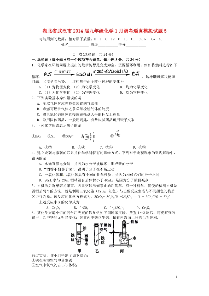 武汉市2014届九年级化学1月调考逼真模拟试题5.doc_第1页