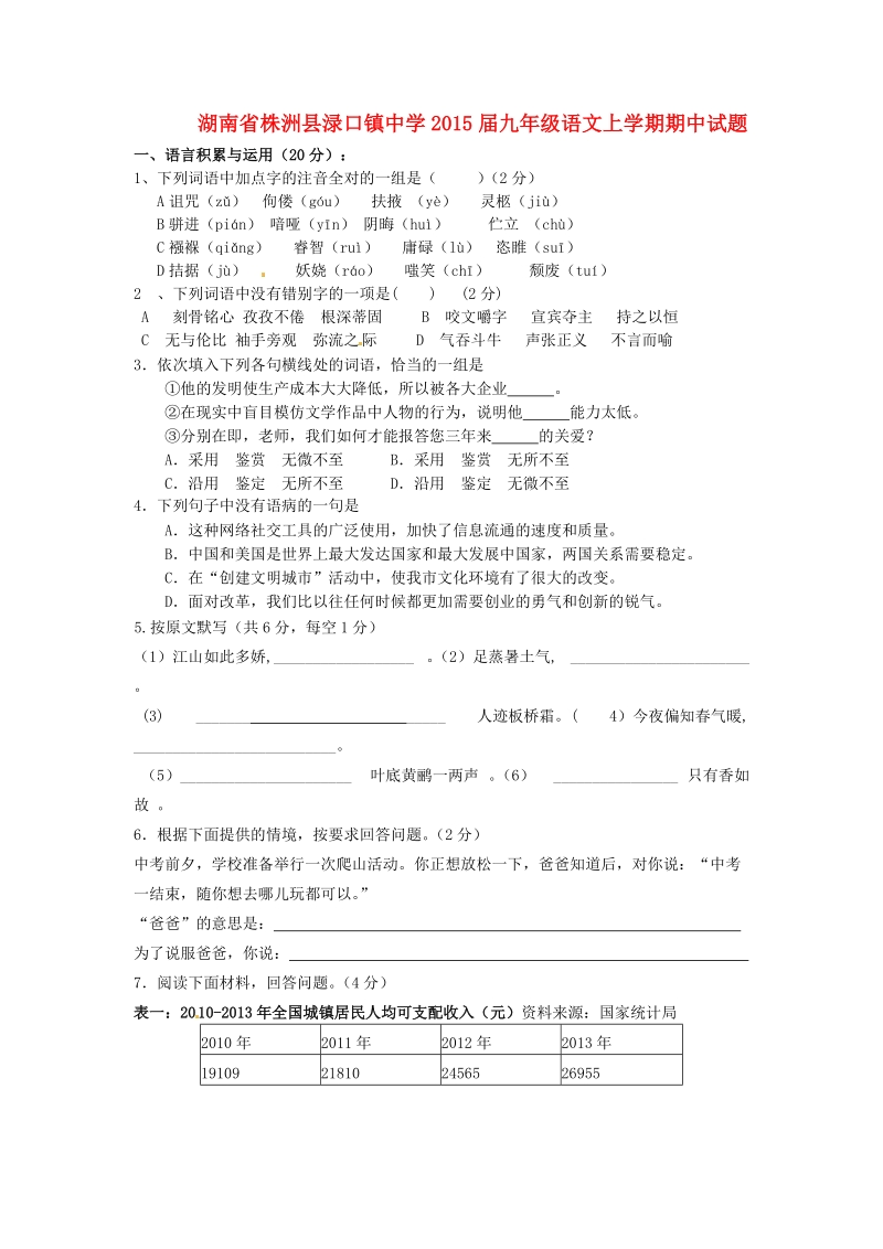 株洲县渌口镇中学2015届九年级语文上学期期中试题.doc_第1页