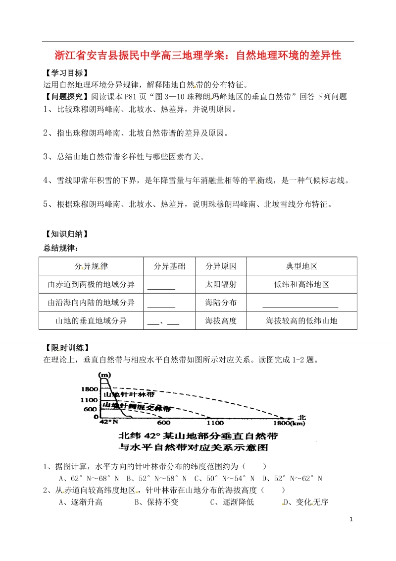 安吉县振民中学高三地理 自然地理环境的差异性学案.doc_第1页