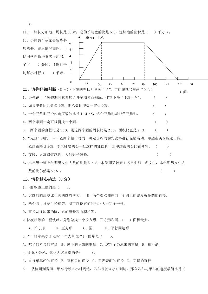 2009学年第一学期六年级上册数学期末阶段性学业测试卷.doc_第2页