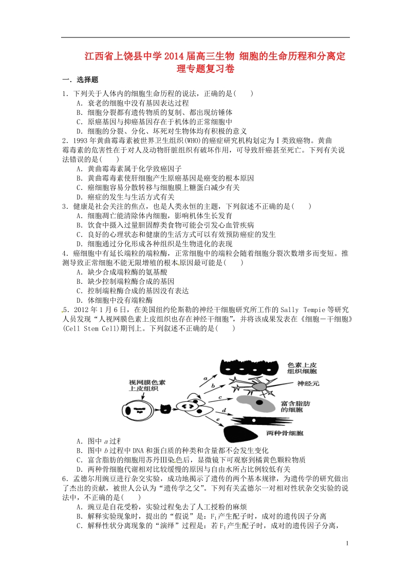 江西省上饶县中学2014届高三生物 细胞的生命历程和分离定理专题复习卷.doc_第1页