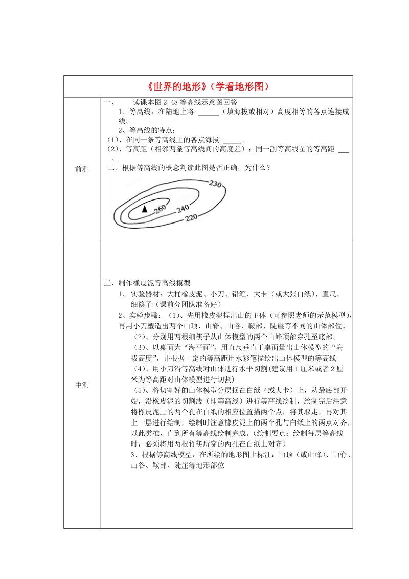 长沙市麓山国际实验学校2014-2015学年七年级地理上册 第2章 第3节《世界的地形》（学看地形图）检测单（1） 湘教版.doc_第1页