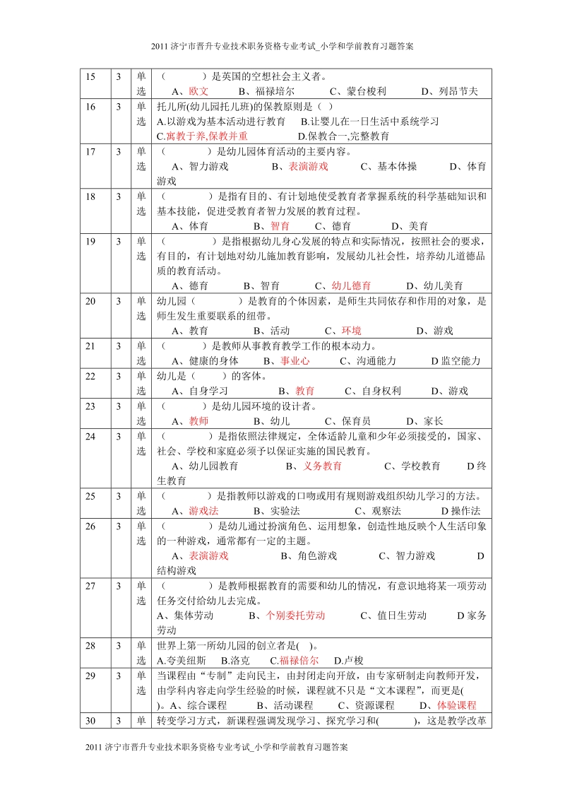 2011济宁市晋升专业技术职务资格专业考小学_学前教育习题答案小学学前教育习题及答案.doc_第2页