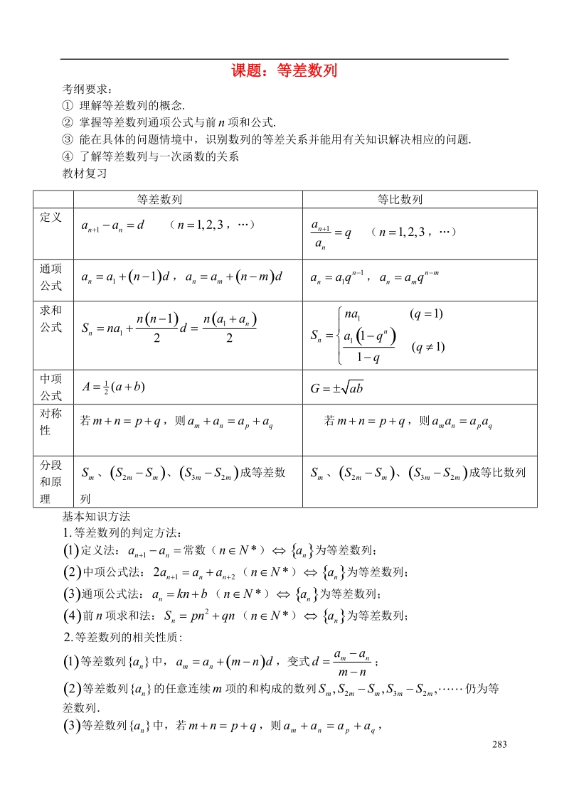 西安市昆仑中学2014届高考数学一轮复习讲义 第40课时 等差数列 理.doc_第1页