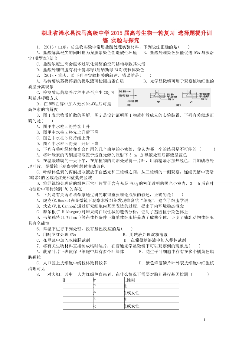 浠水县洗马高级中学2015届高考生物一轮复习 选择题提升训练 实验与探究.doc_第1页