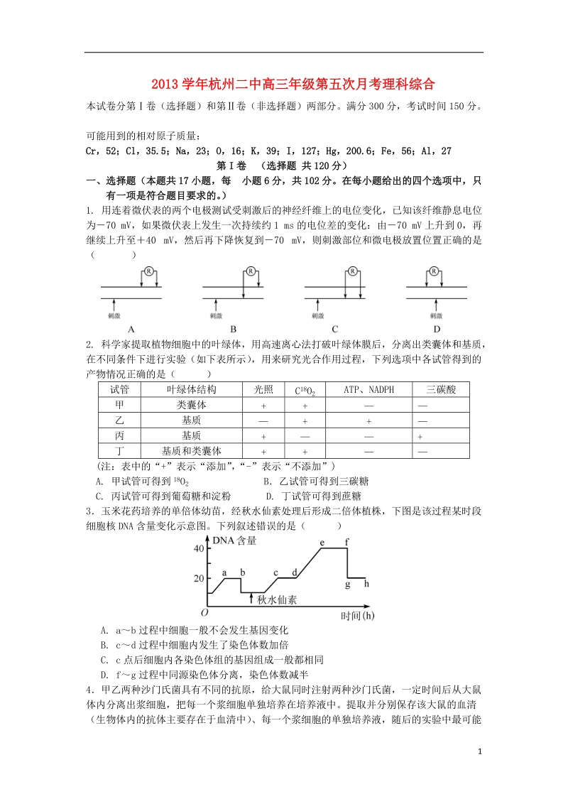 浙江省杭州二中2014届高三理综第五次（3月）月考试题.doc_第1页