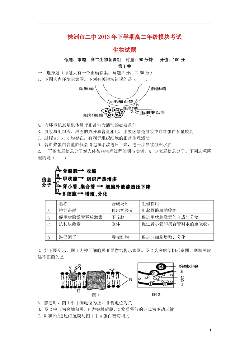 湖南省株洲市二中2013-2014学年高二生物上学期期末考试试题新人教版.doc_第1页