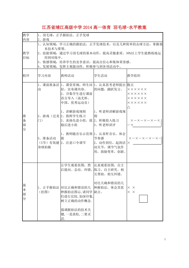 靖江高级中学2014高一体育 羽毛球-水平教案.doc_第1页