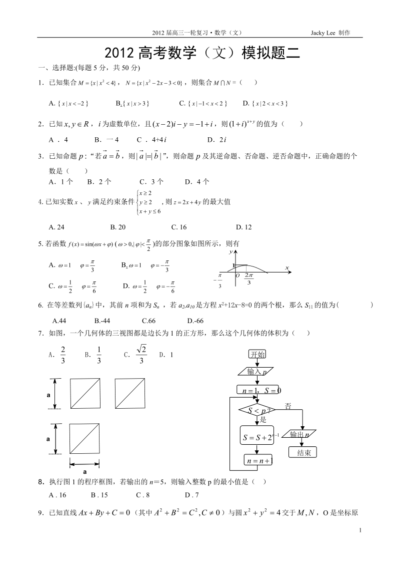 2012年湖北省高考数学(文科)模拟题之二.doc_第1页