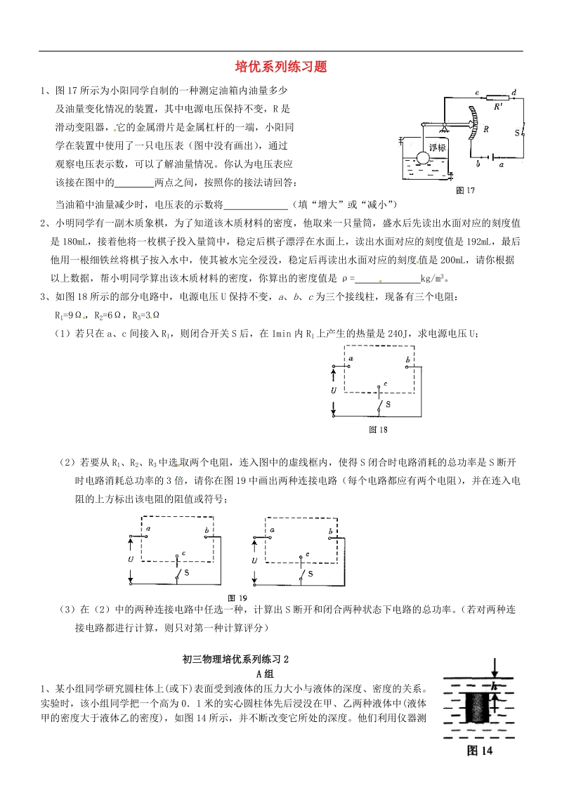 江苏省高邮市车逻初级中学九年级物理 培优系列练习题2（无答案）.doc_第1页