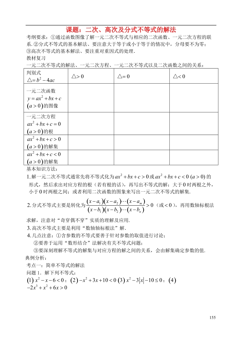 西安市昆仑中学2014届高考数学一轮复习讲义 第23课时 二次高次及分式不等式及其解法 理.doc_第1页