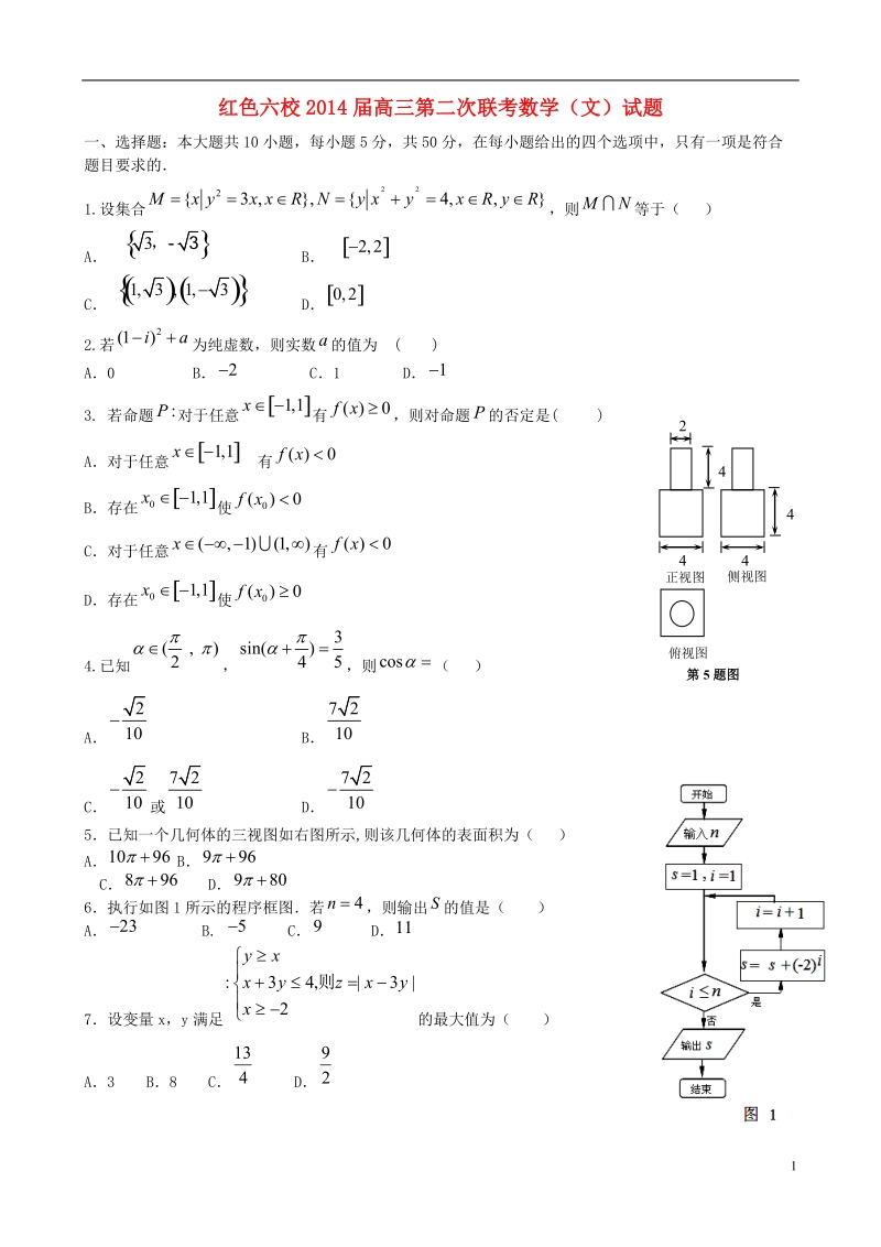 红色六校2014届高三数学第二次联考试题 文 新人教a版.doc_第1页