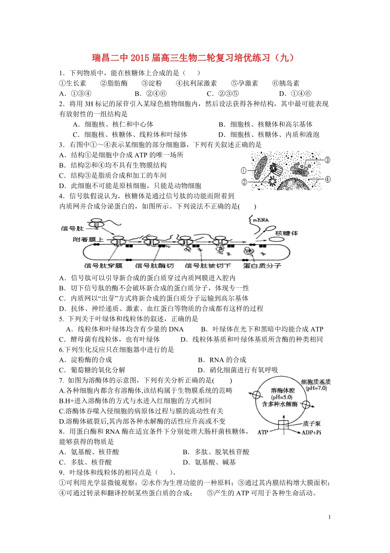 江西省九江市瑞昌二中2015届高三生物二轮复习培优练习（九）.doc_第1页