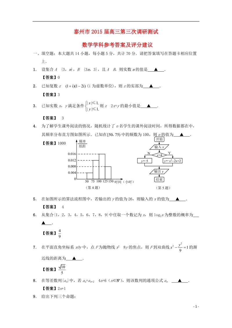 江苏省泰州市2015届高三数学第三次调研测试试题.doc_第1页