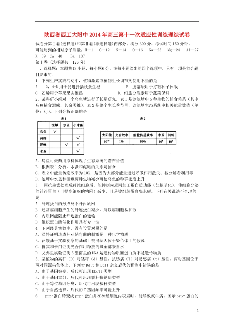 西工大附中2014届高三理综第十一次适应性训练试题.doc_第1页