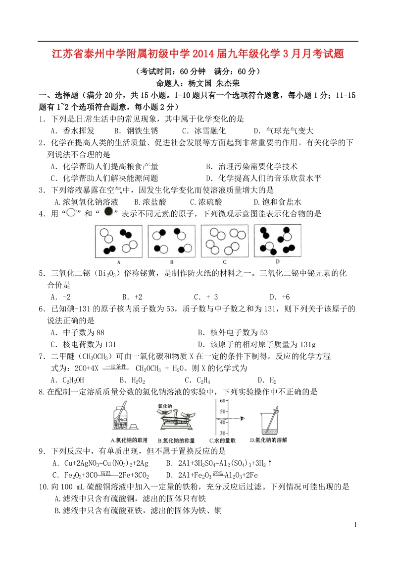 江苏省泰州中学附属初级中学2014届九年级化学3月月考试题.doc_第1页