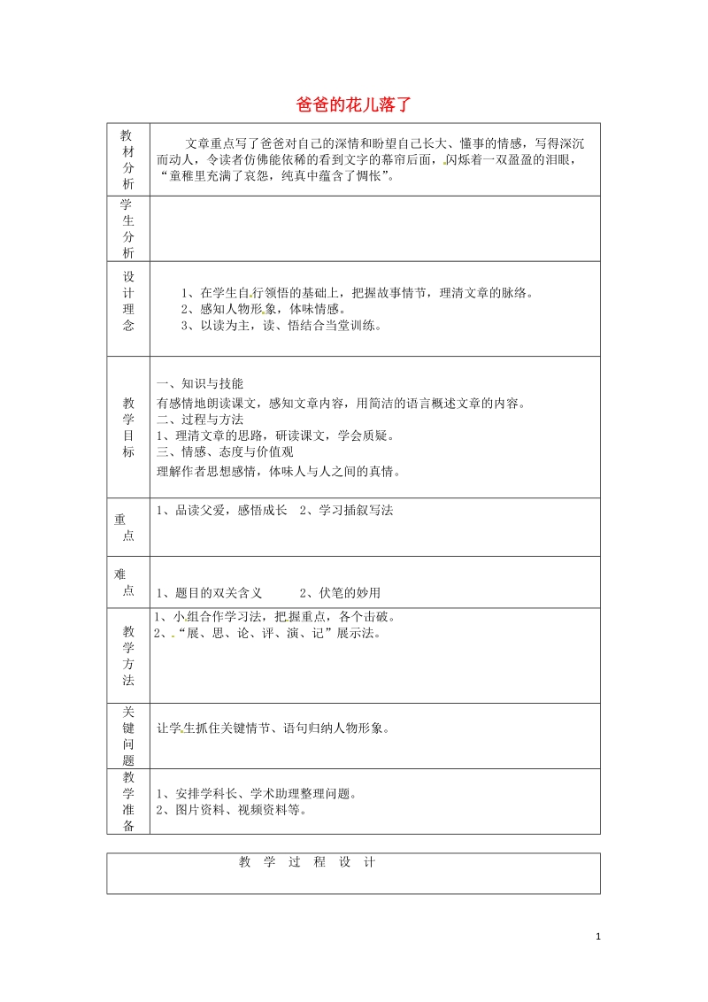 陇县东风中学七年级语文下册 2 爸爸的花儿落了教案 新人教版.doc_第1页