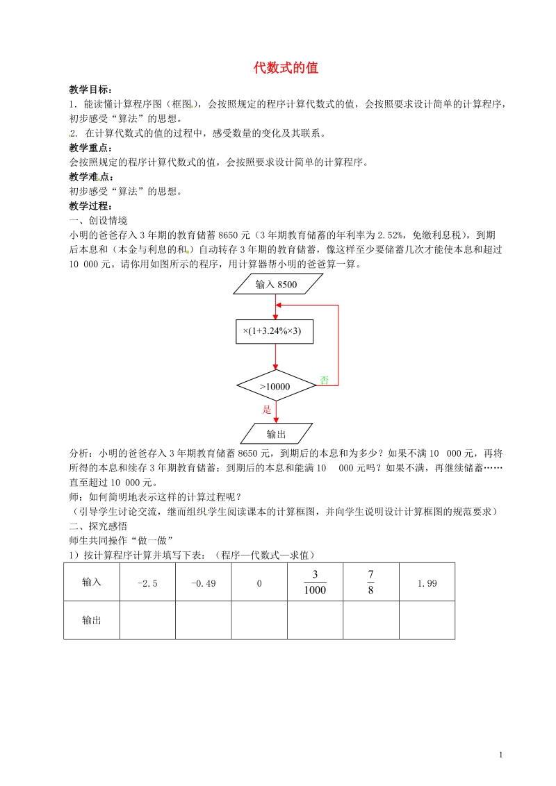 涟水县灰墩中学七年级数学上册 3.3 代数式的值（第2课时）教学案（无答案）苏科版.doc_第1页