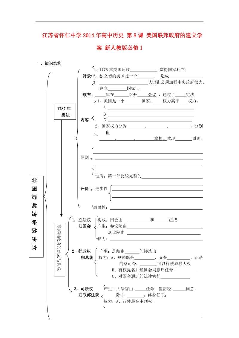 江苏省怀仁中学2014年高中历史 第8课 美国联邦政府的建立学案 新人教版必修1.doc_第1页