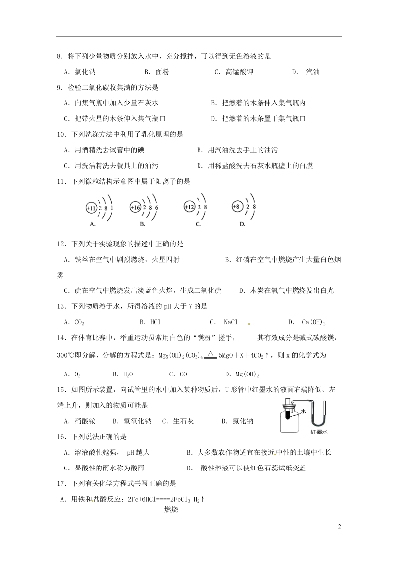 江苏省苏州市工业园区第十中学2014届九年级化学下学期期初考试试题（无答案） 新人教版.doc_第2页