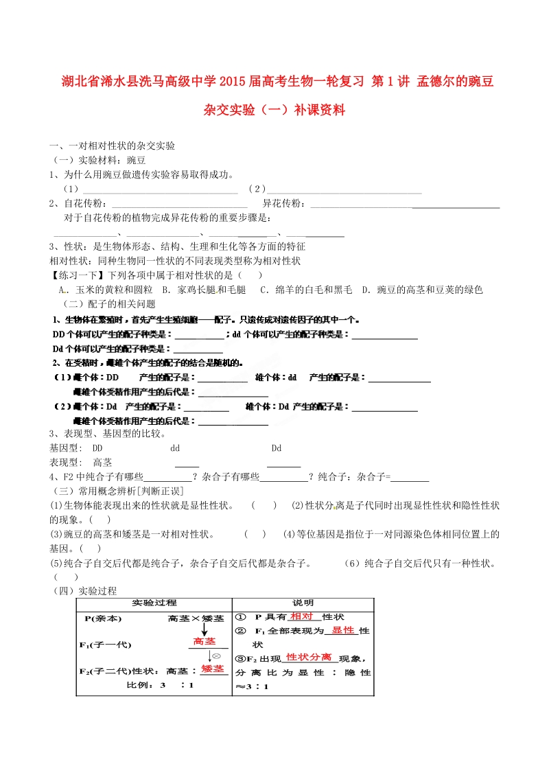 浠水县洗马高级中学2015届高考生物一轮复习 第1讲 孟德尔的豌豆杂交实验（一）补课资料.doc_第1页