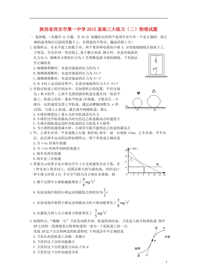 西安市第一中学2015届高三物理大练习（二）试题 （无答案）.doc_第1页