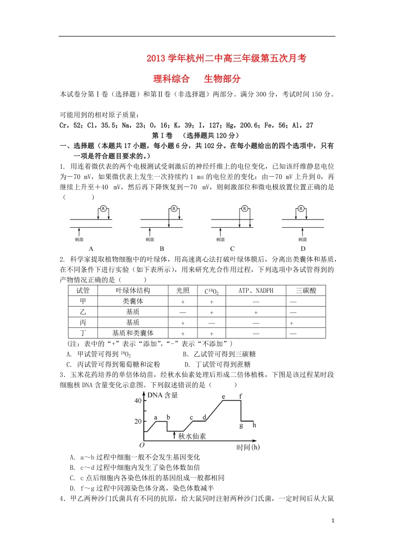 浙江省杭州二中2014届高三理综（生物部分）第五次（3月）月考试题浙科版.doc_第1页