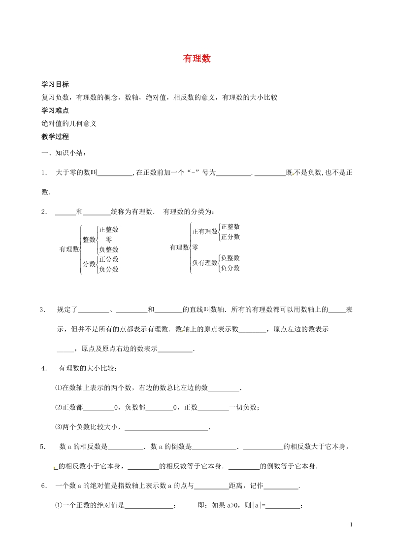 涟水县灰墩中学七年级数学上册 第二章 有理数小结与思考教学案1（无答案）苏科版.doc_第1页