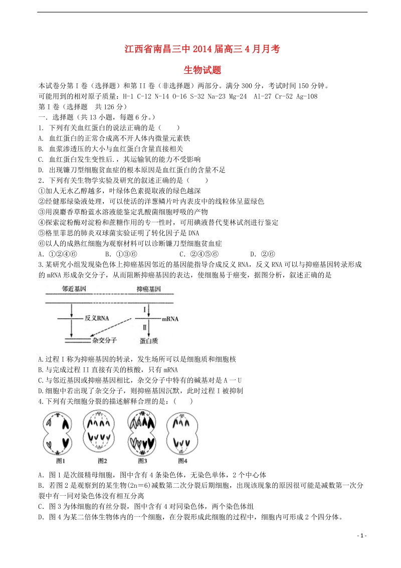 江西省南昌三中2014届高三理综（生物部分）4月月考试题新人教版.doc_第1页