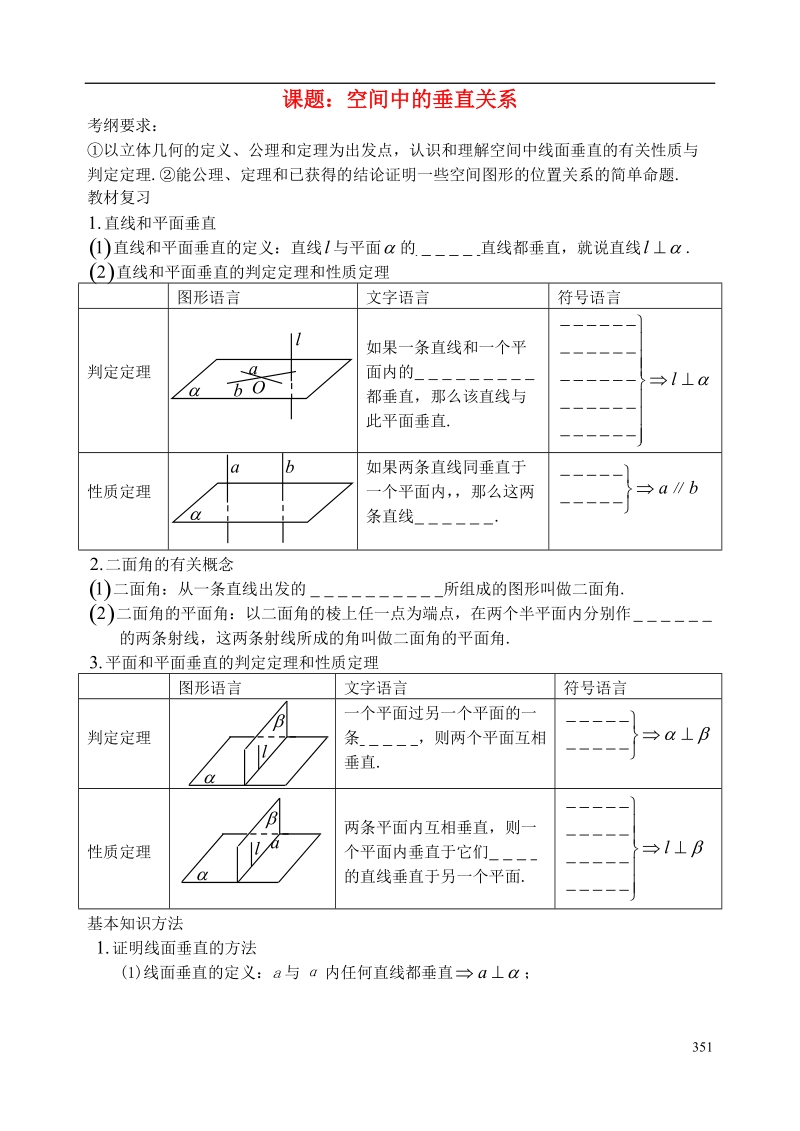 西安市昆仑中学2014届高考数学一轮复习讲义 第48课时 空间中的垂直关系 理.doc_第1页