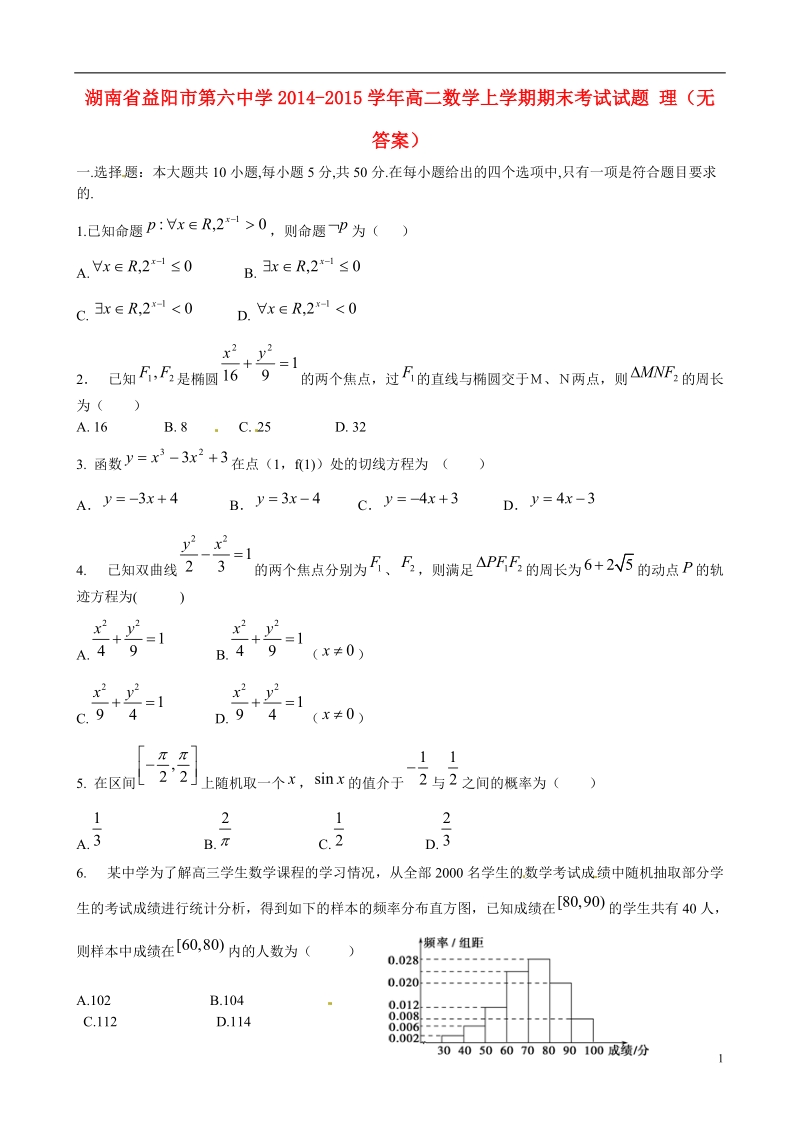 益阳市第六中学2014-2015学年高二数学上学期期末考试试题 理（无答案）.doc_第1页