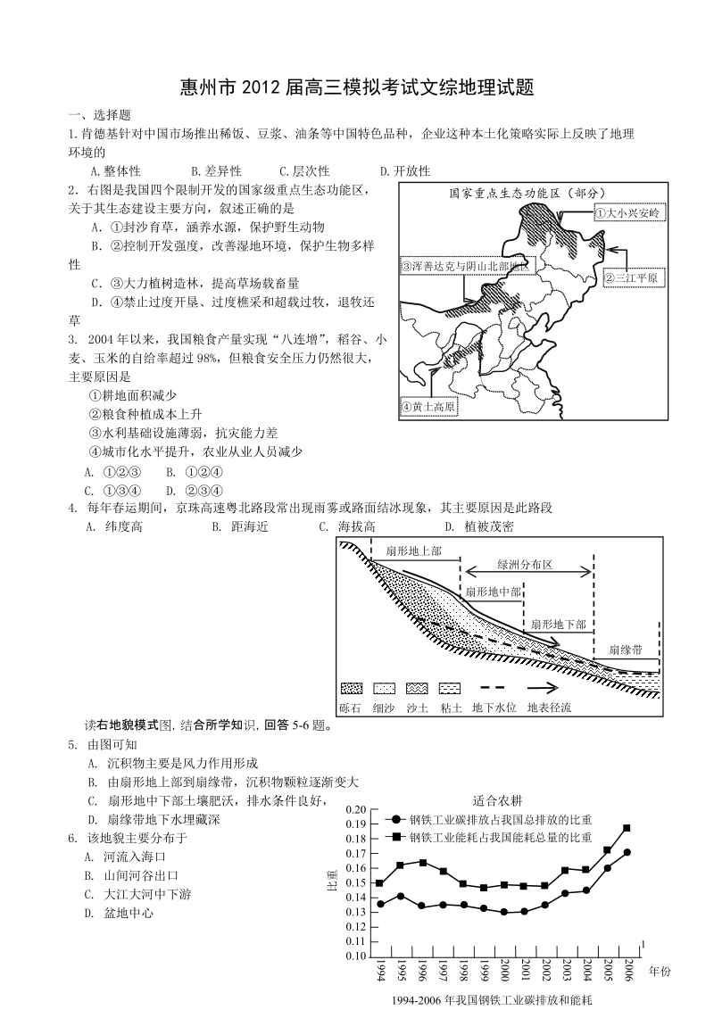 2012届高三惠州一模地理试题(定稿).doc_第1页