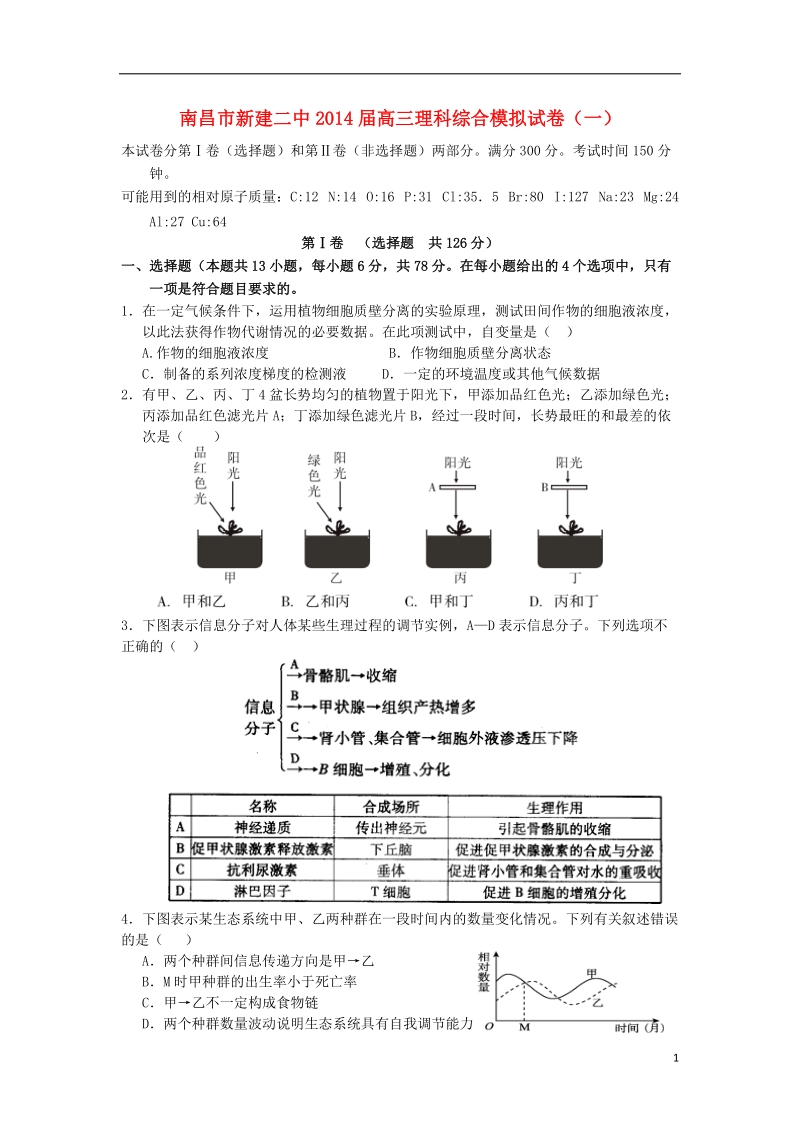 江西省南昌市新建二中2014届高三理综（生物部分）模拟试题（一）新人教版.doc_第1页